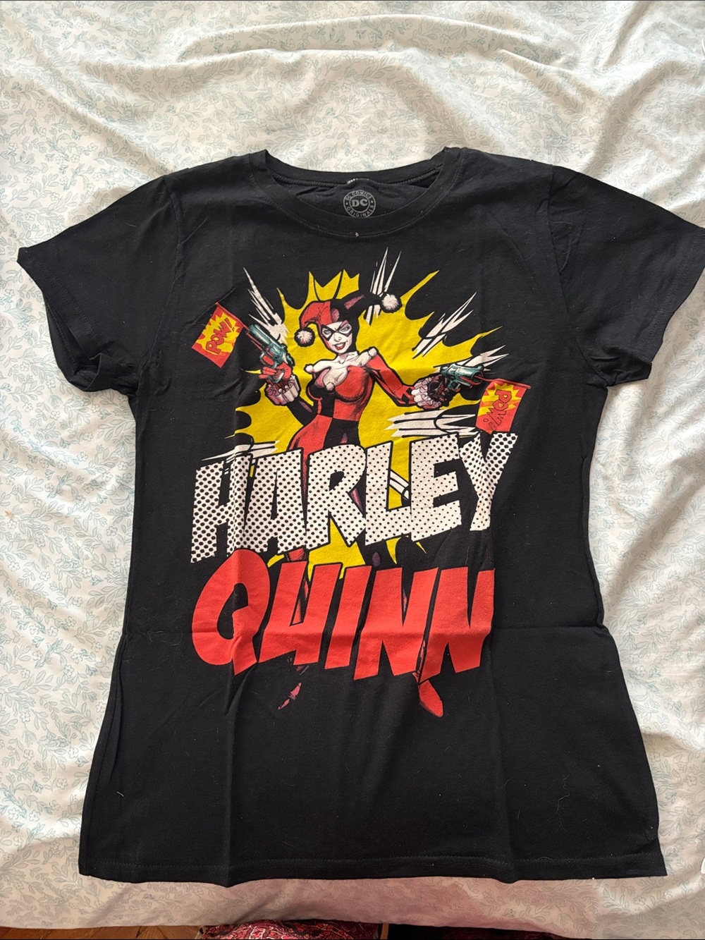 DC Comics Black Harley Quinn Comic Graphic Tee with Red and Yellow Print